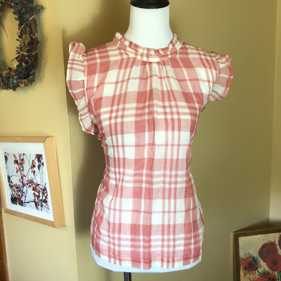 ISABELE SINCLAIR size XL Plaid Pink-Ecru Hi-Collar Ruffle Buttonfront $88 NEW - Picture 2 of 12